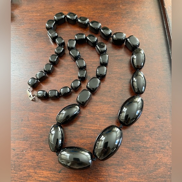 Natural black onyx graduated bead sterling silver necklace - Picture 3 of 6